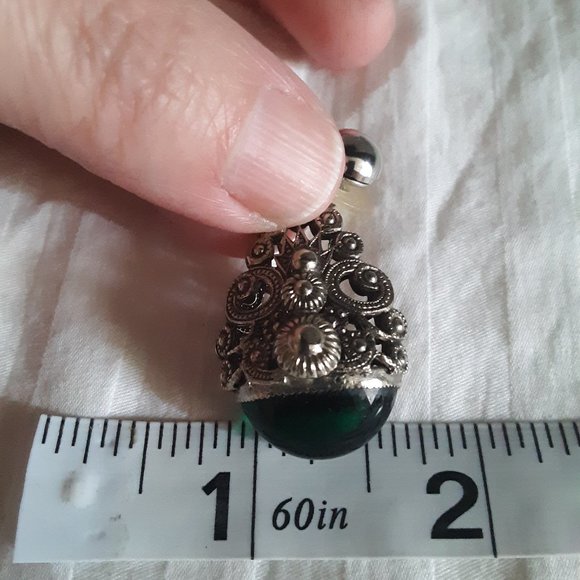 Emerald Green Glass Cabochon Drop Dangle Silver Tone Earrings - Picture 5 of 5